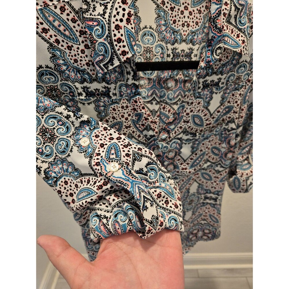 Express Portofino Shirt Small S Slim Fit Paisley Medallion Blouse Roll Tab - Picture 5 of 13